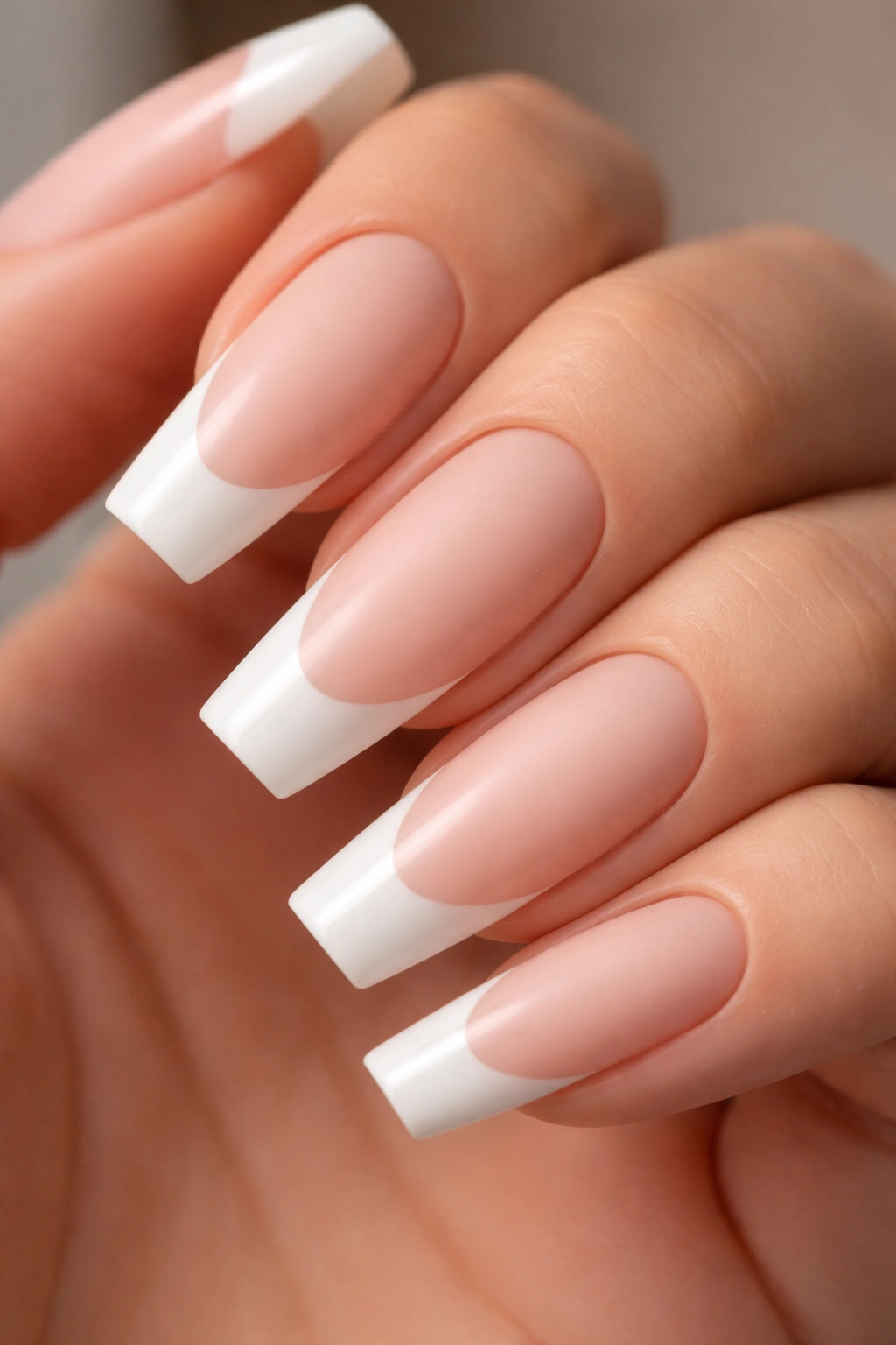 Close-up of matte nude nail with glossy white tip on ballerina shape