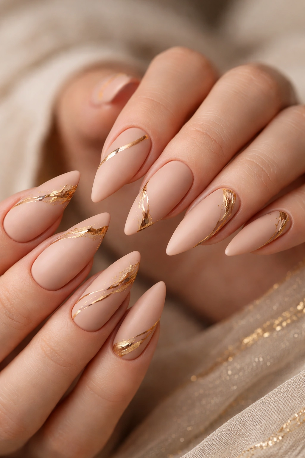 Matte nude nails with gold accents on a hand