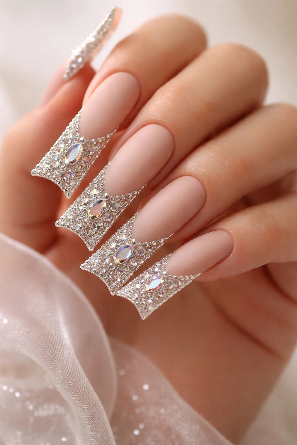 Matte nude duck nails with embellished rhinestone tips