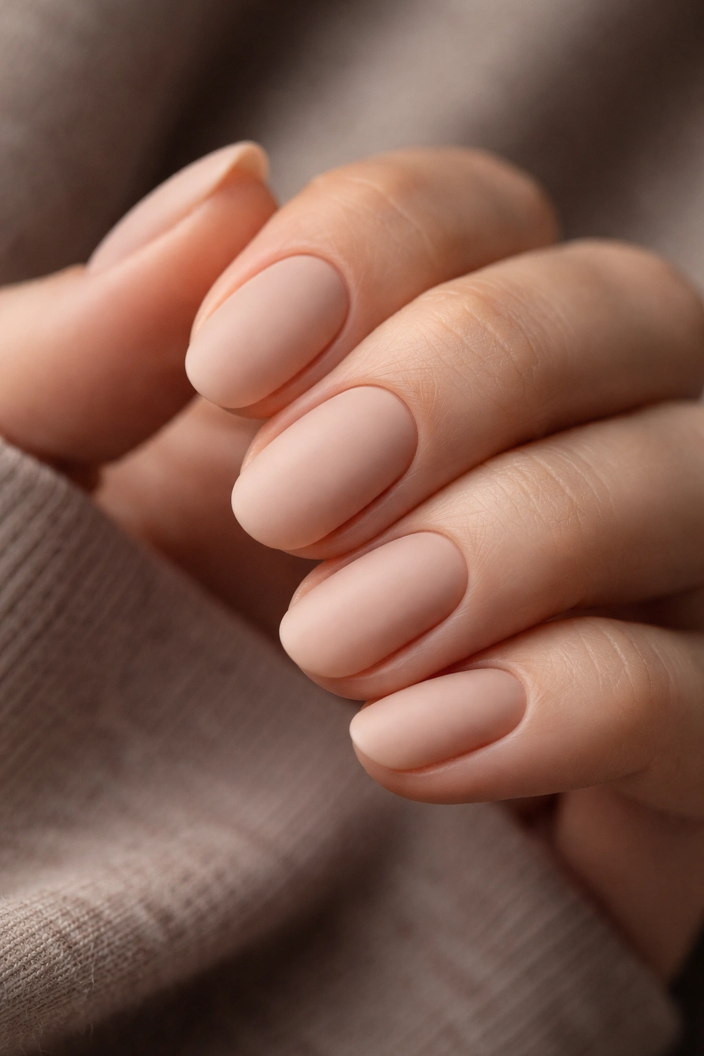Close-up of short matte nude oval nails with velvety finish