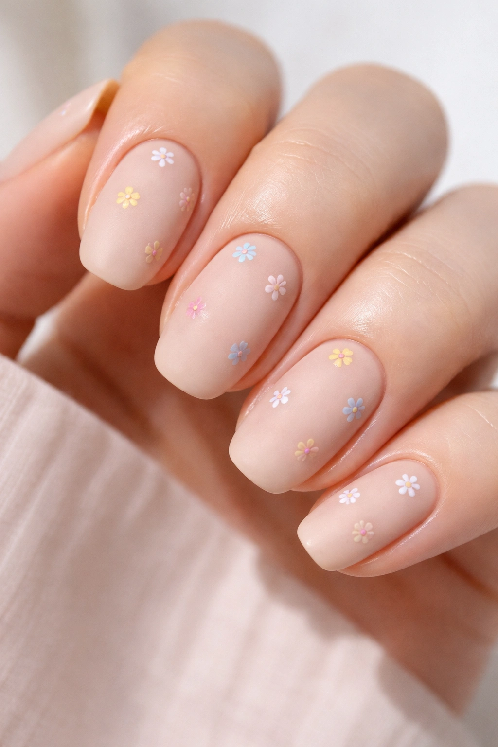 Matte nude nails with tiny pastel floral dots