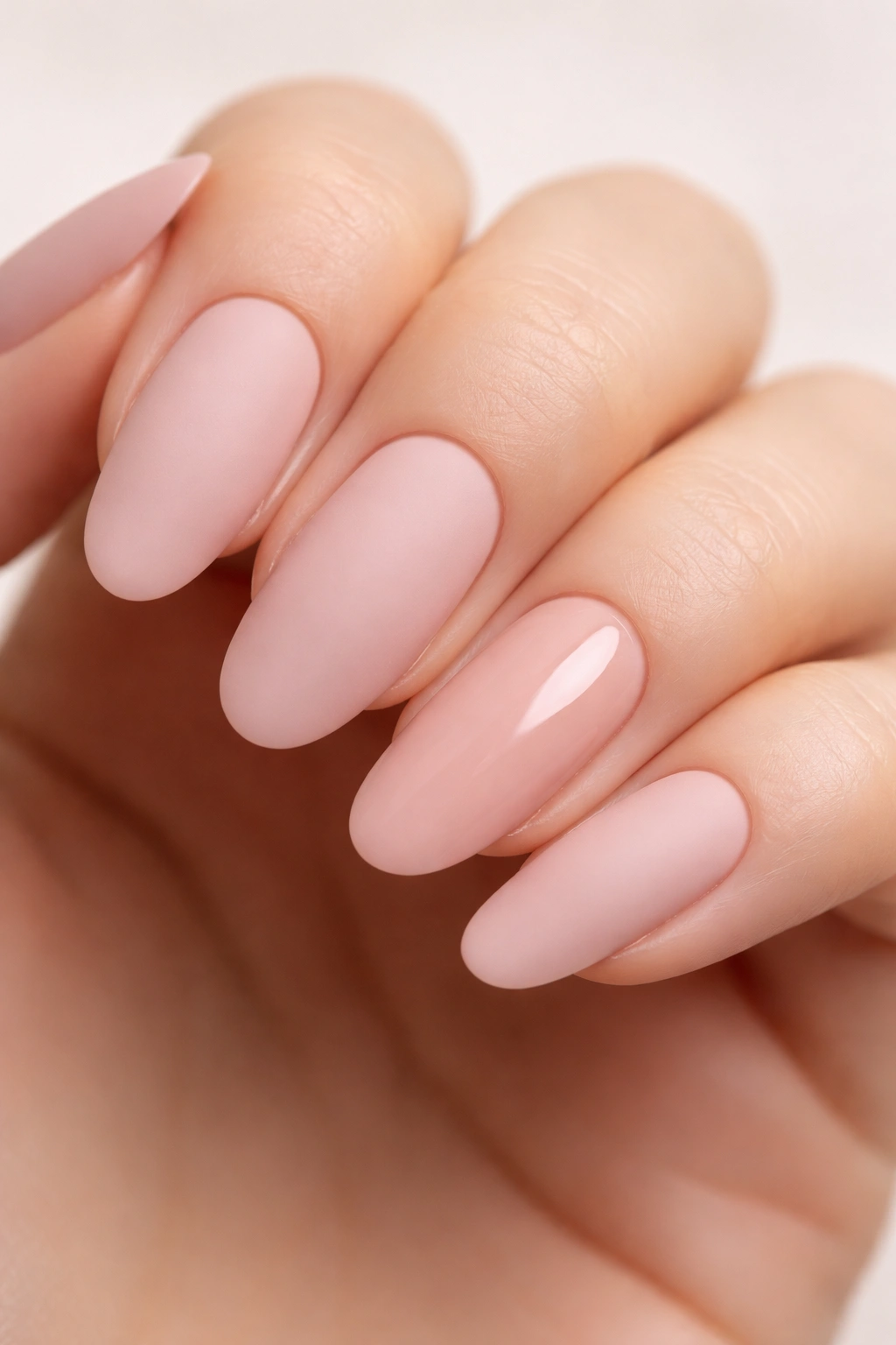 Close-up of matte and glossy nude pink nails with one glossy accent nail on a long oval shape