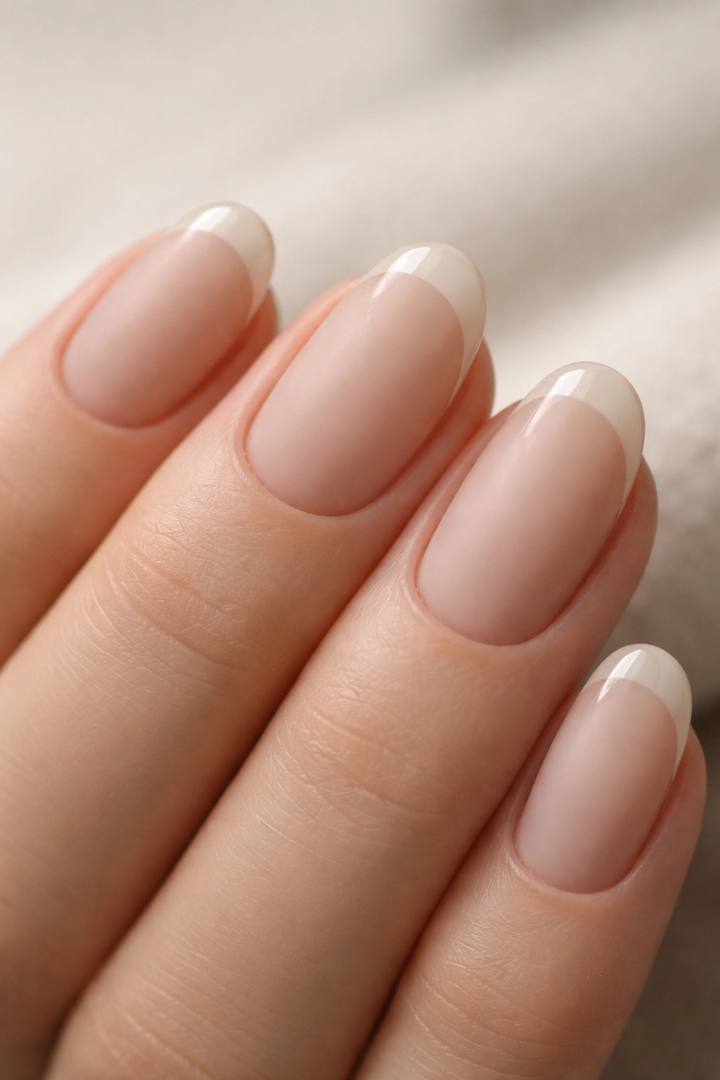 Short oval nail with matte nude base and glossy tip