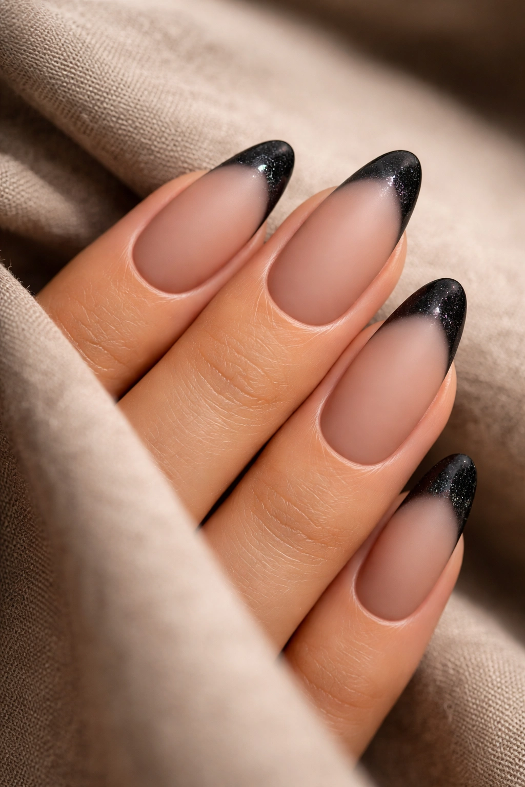 Close-up of matte nude almond nails with black velvet tips and textured velvet surface.