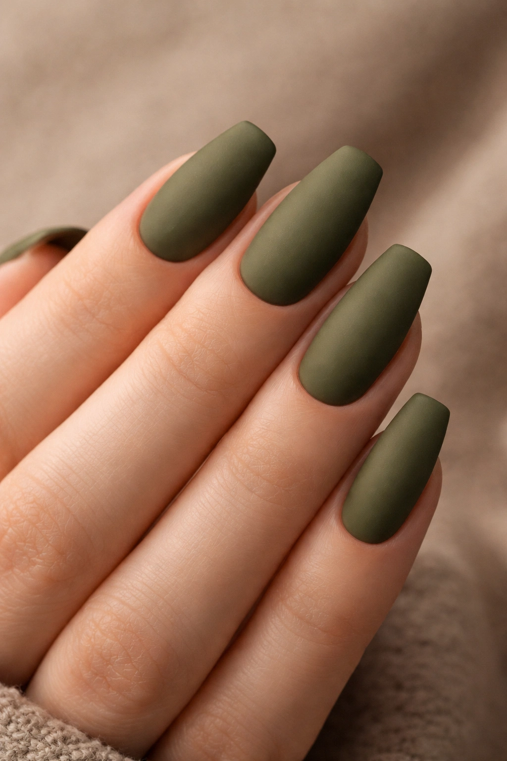 Close-up of matte olive green nails on a hand