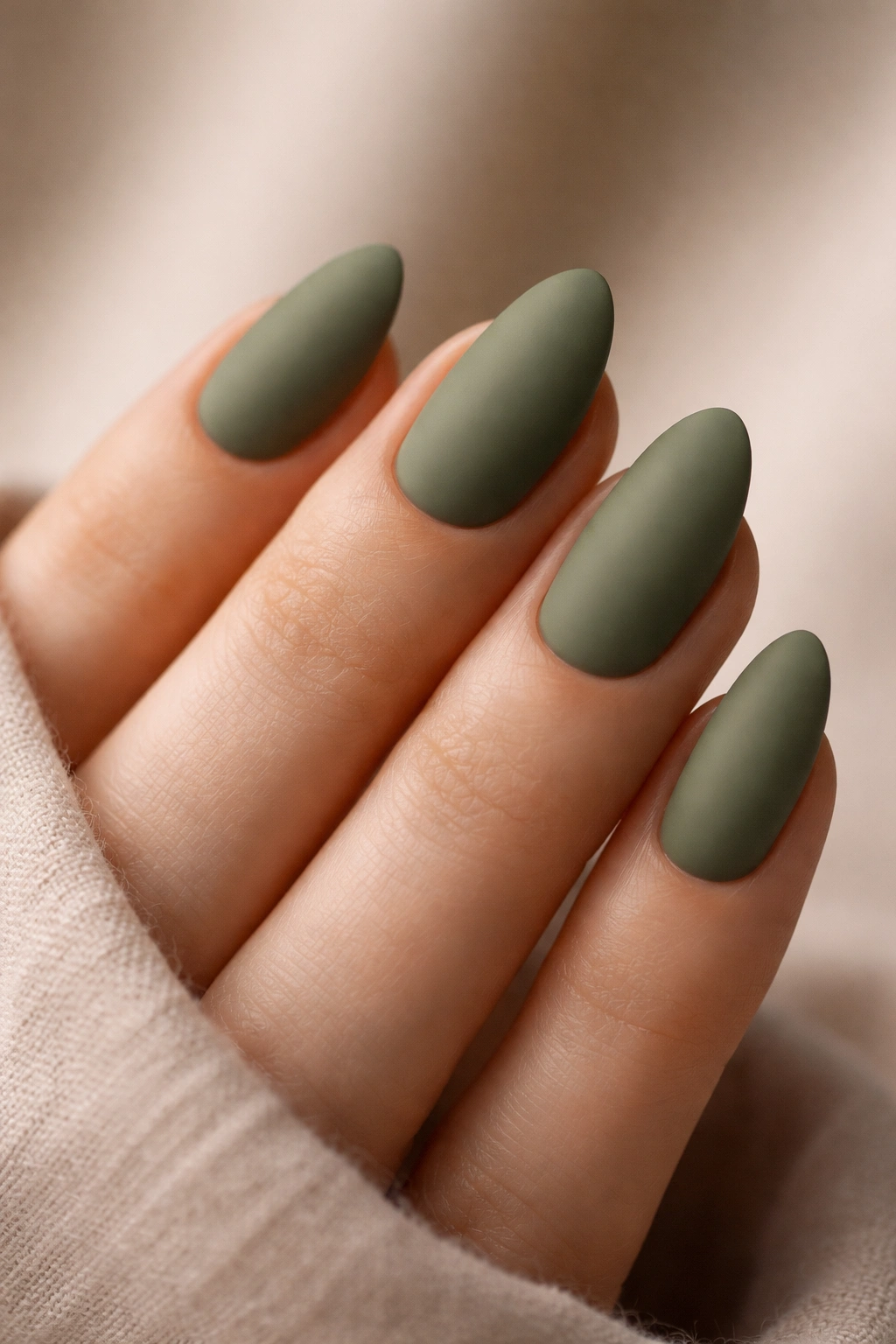 Close-up of short almond nails painted matte olive green on a neutral background