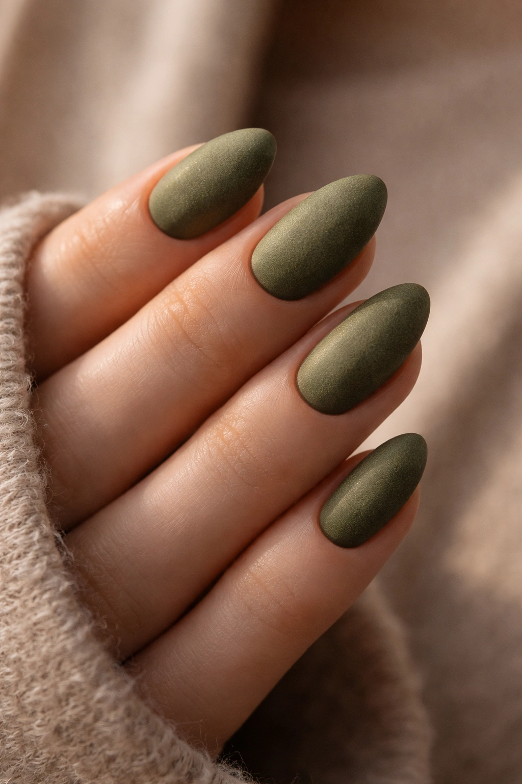 Matte olive green short almond nails with velvet-like finish