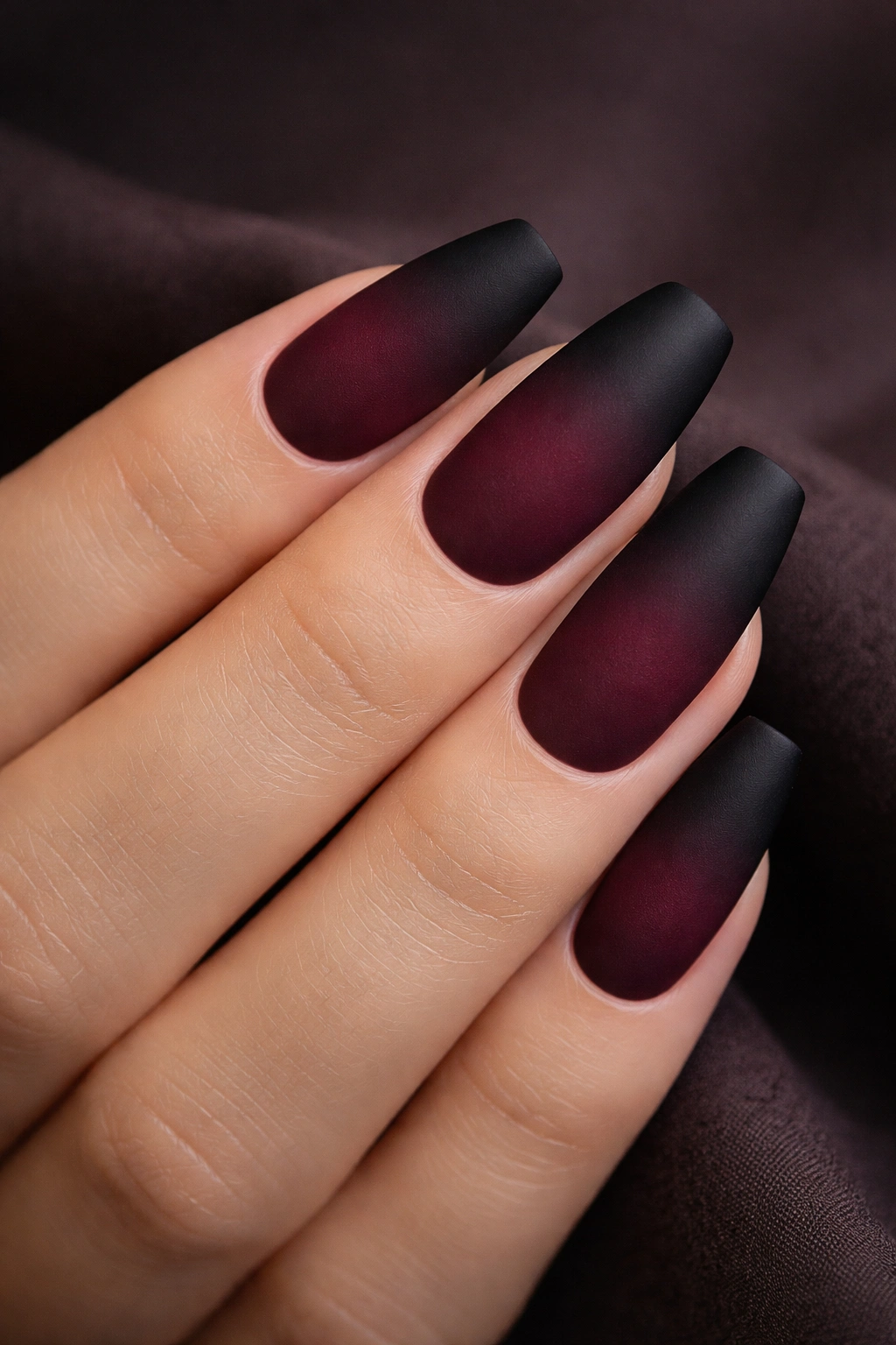 Close-up matte ombre nails in burgundy to black with velvety finish
