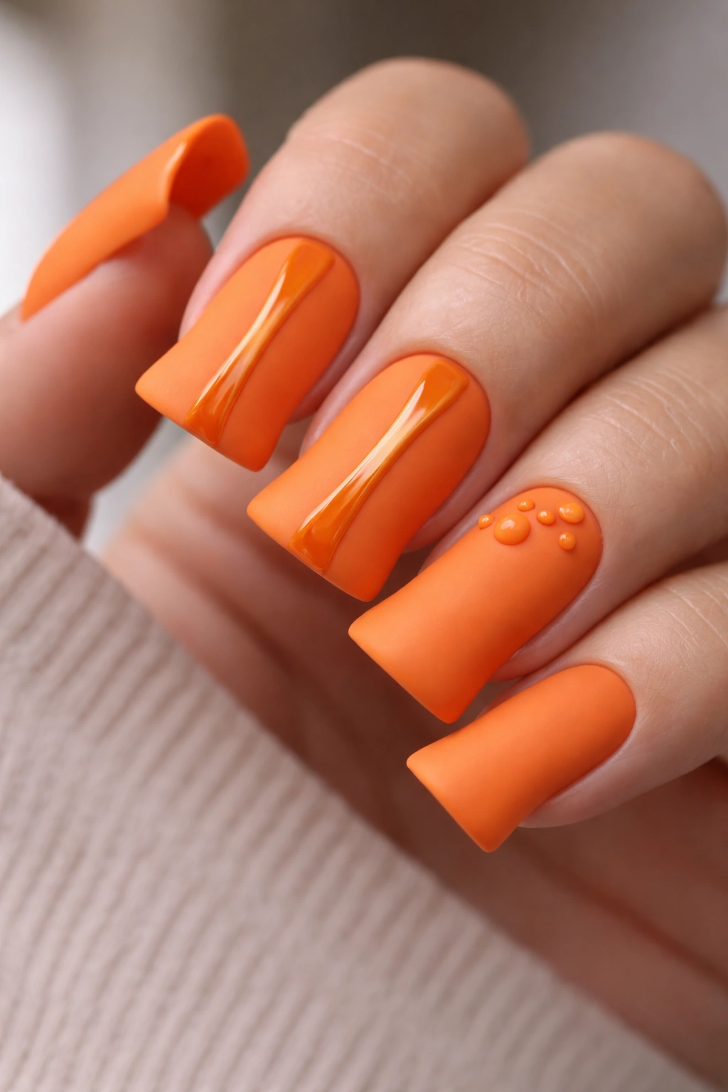 Matte orange duck nails with glossy accents