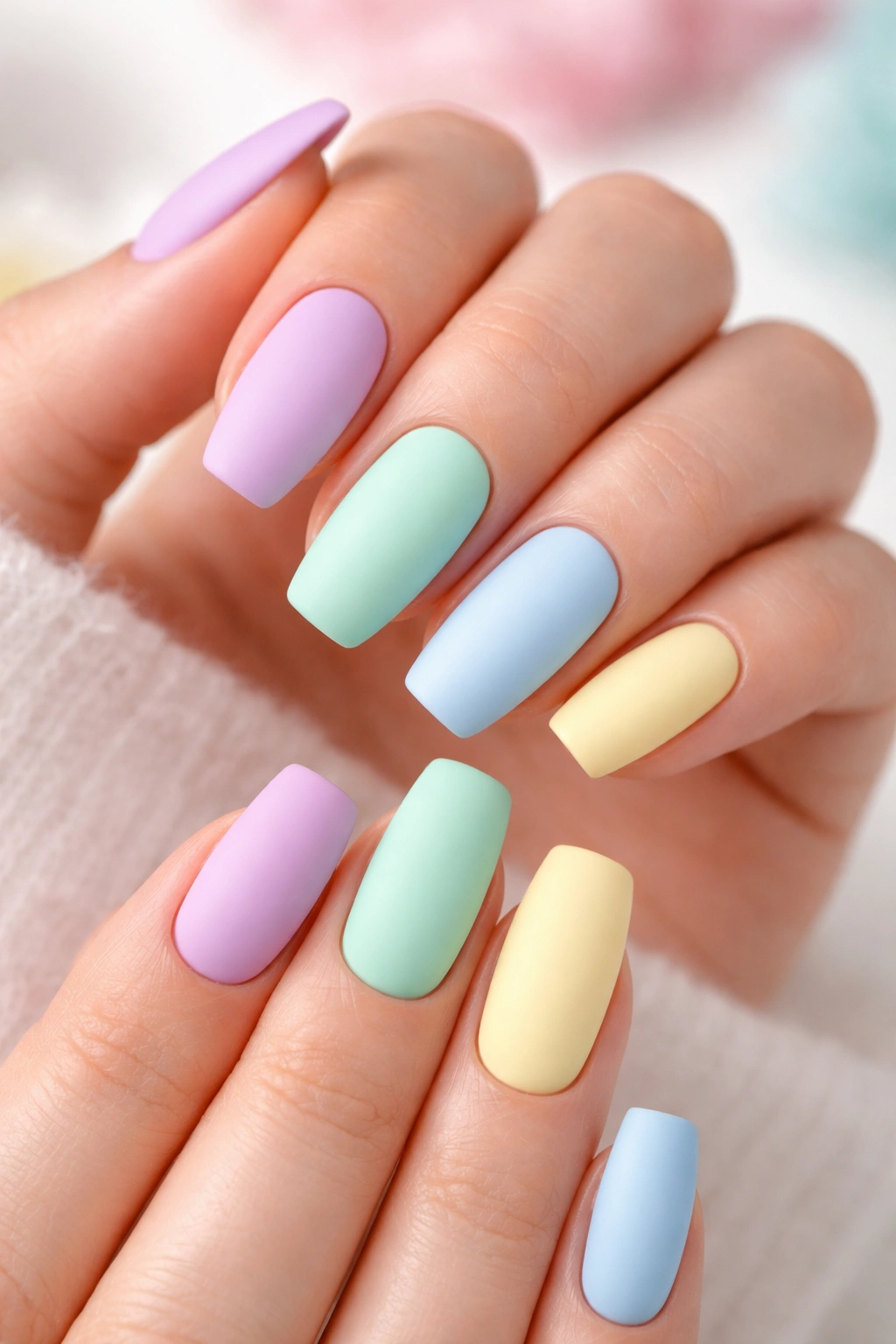 Nails painted in mixed matte pastel colors