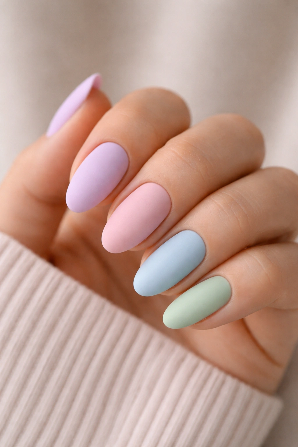 Matte pastel almond nails with velvety finish on short nails
