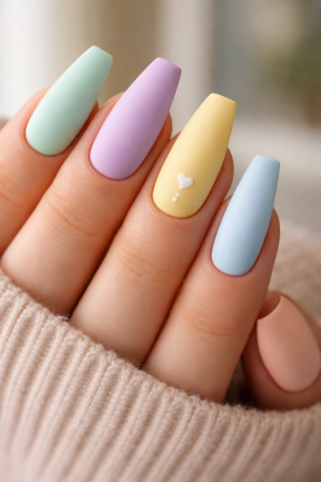 Pastel mismatch nails with matte finish in various colors