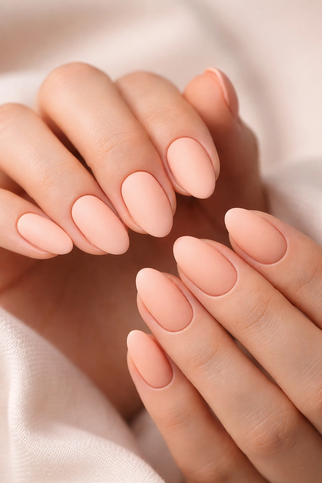 Close-up of hands displaying matte pastel peach nails with a velvety finish on a neutral background