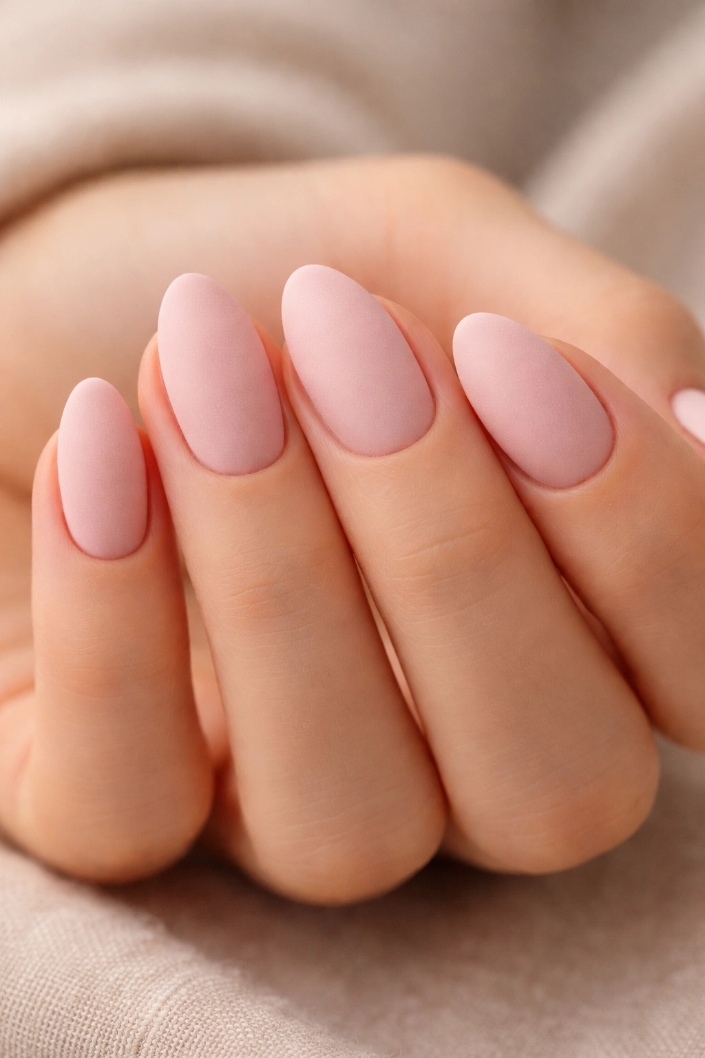 Matte petal pink almond nails close-up