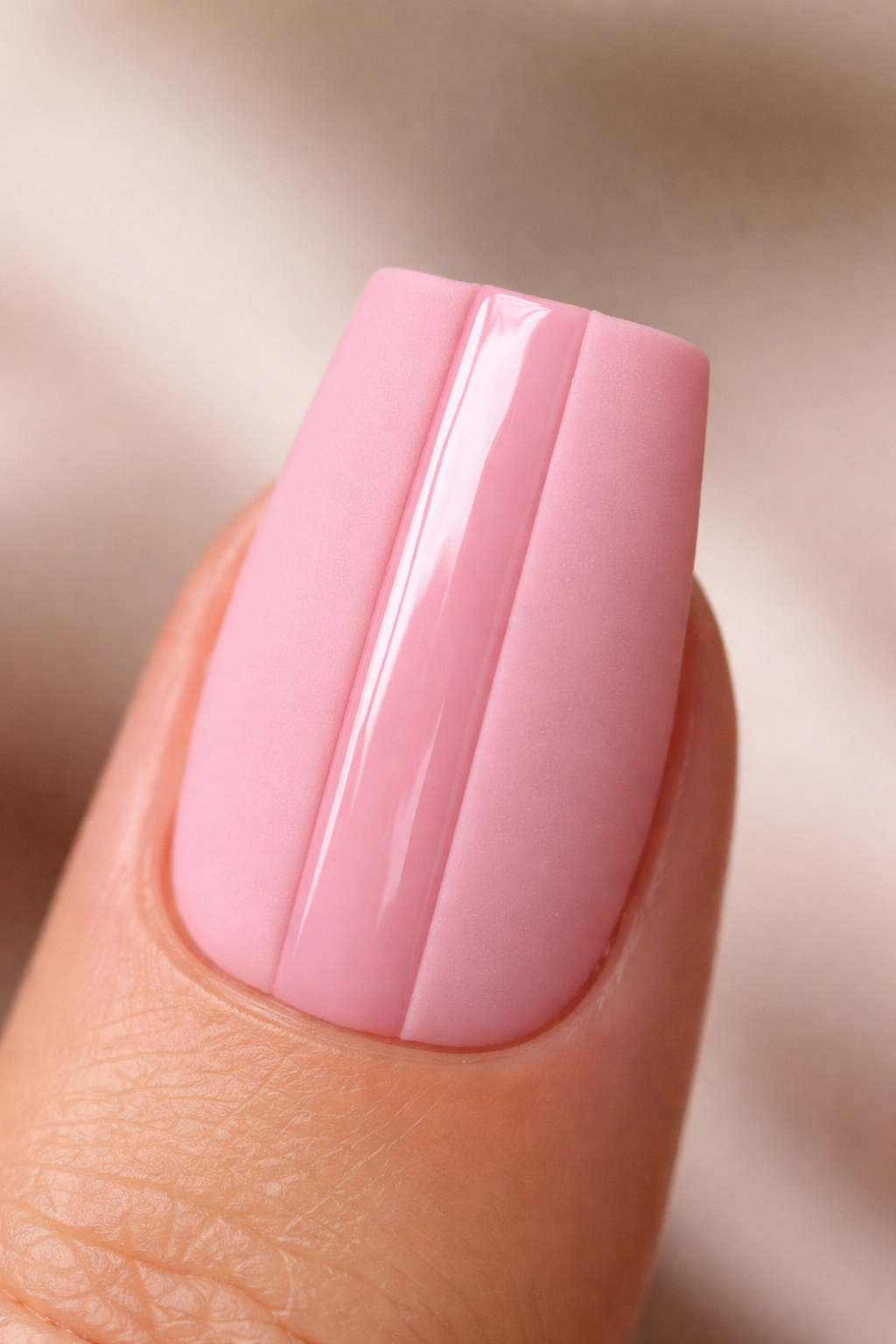 Close-up of a duck nail with matte pink base and a glossy central stripe