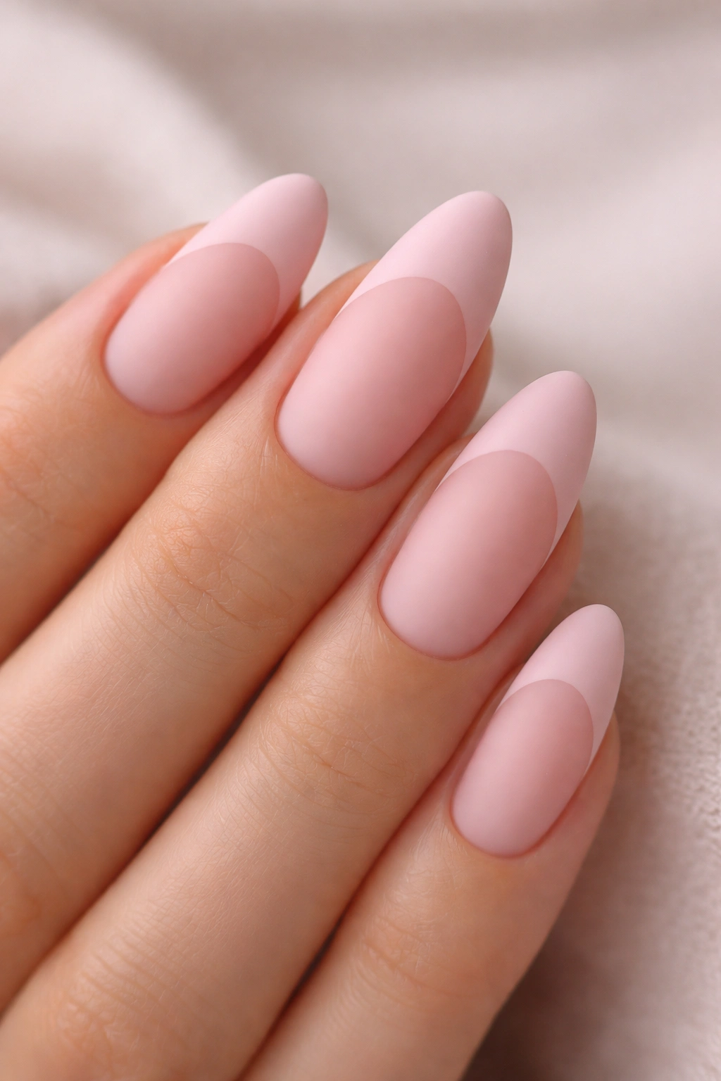 Close-up of matte pink French tips on almond nails with a soft, velvety finish