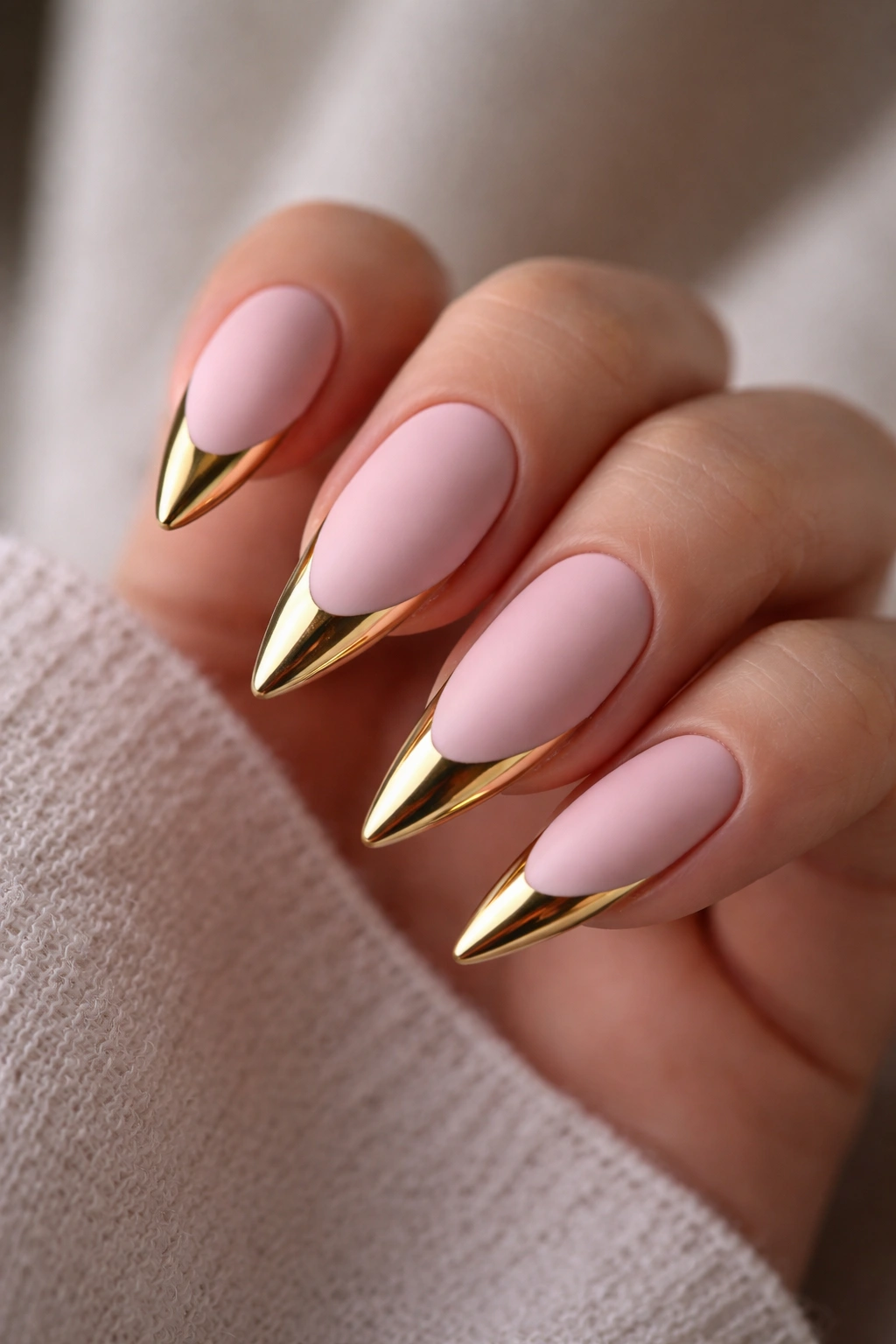 Matte pink nails with gold metallic tips on stiletto nails