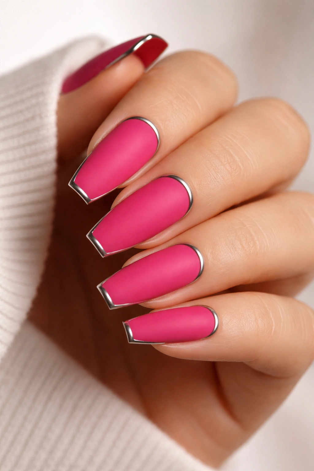 Close-up of matte hot pink coffin nails with metallic edge lines on medium-length nails