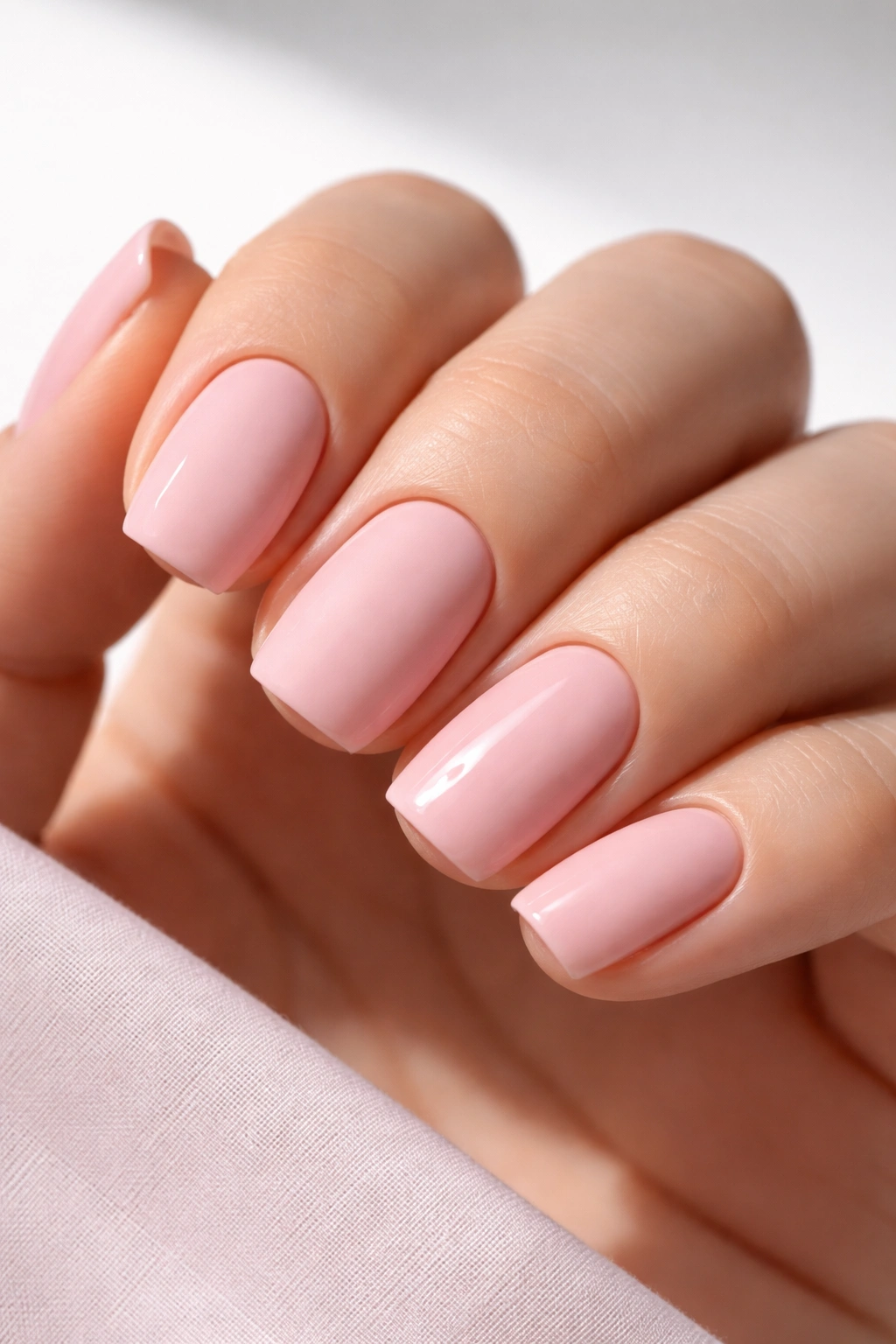 Nails with a matte soft pink base and glossy accent nails.