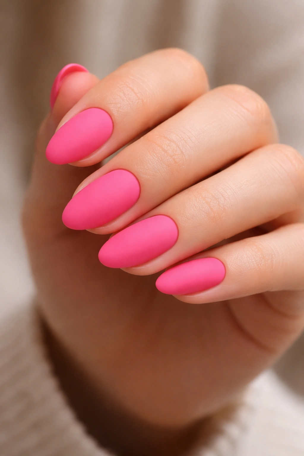 Close-up of matte hot pink almond nails on a short hand