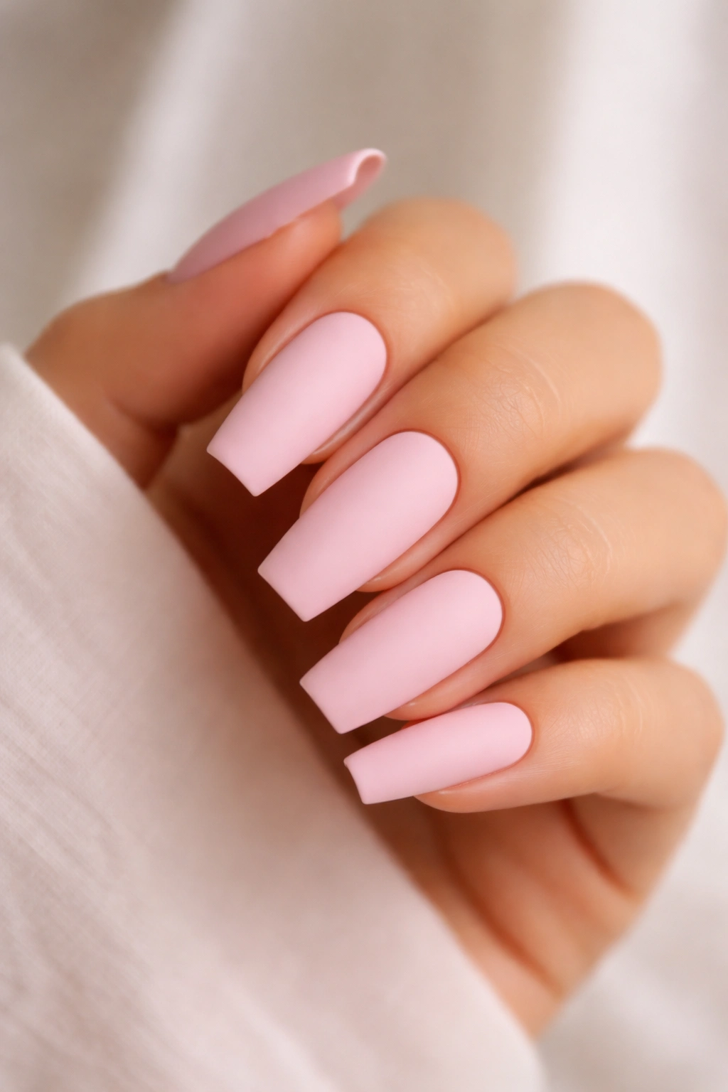 Close-up of coffin nails with a matte light pink finish on a hand
