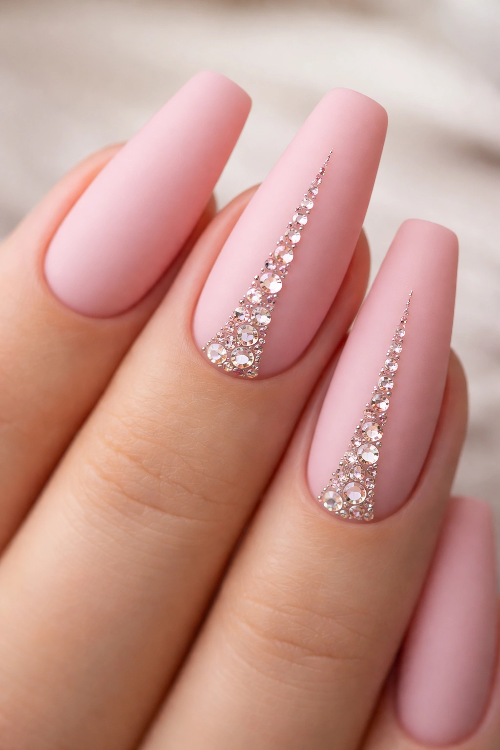 Matte pink nails with crystal trail