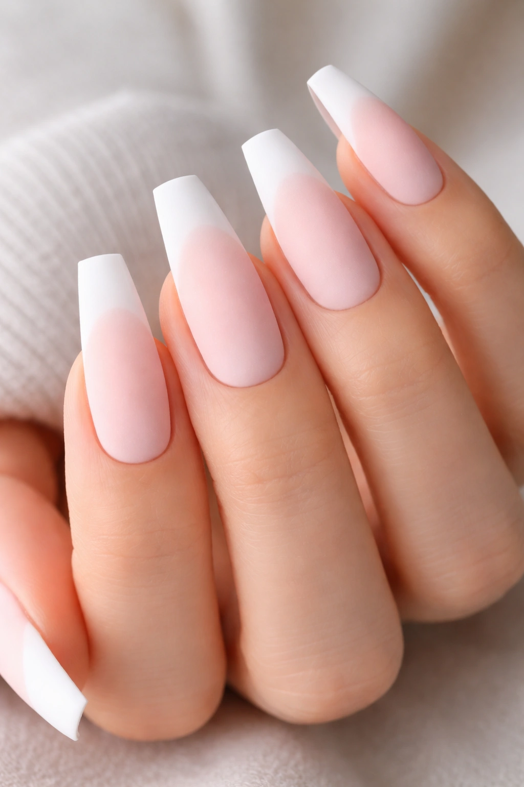 Close-up of matte pink nails with white French tips and sharp edges