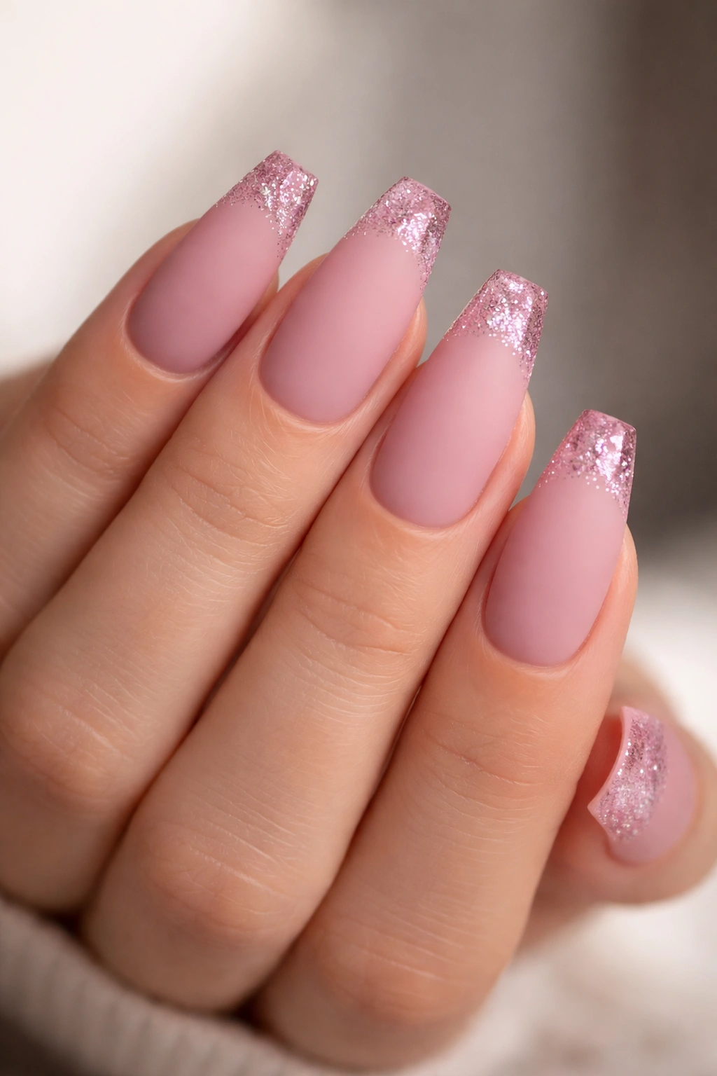 Matte pink nails with glossy glitter tips on a single hand
