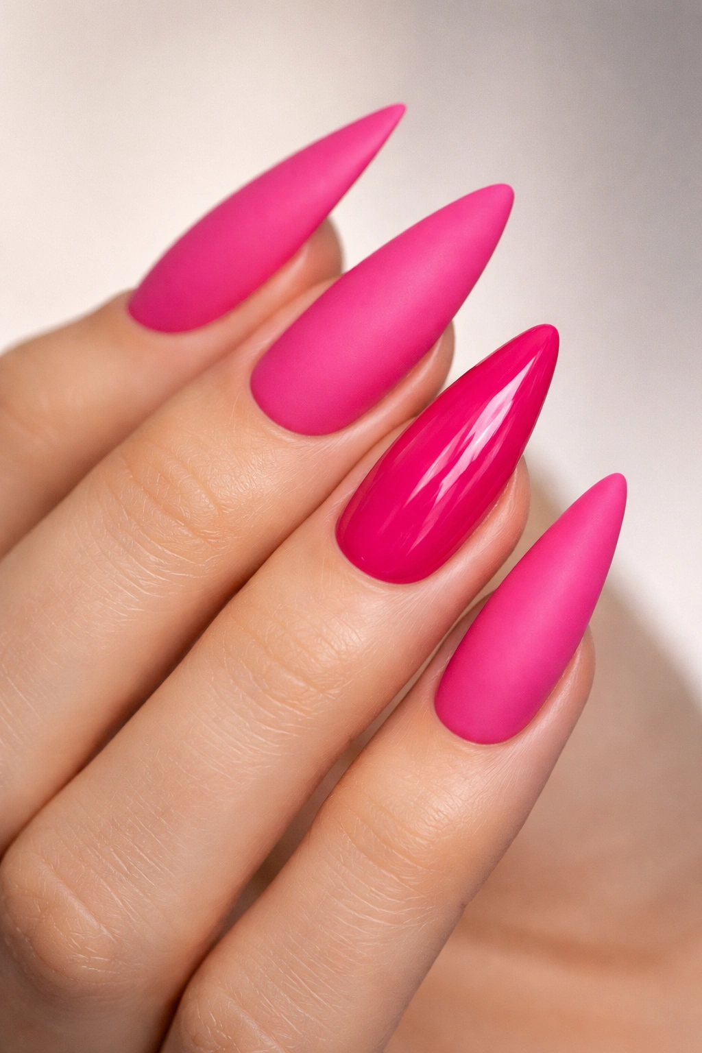 Close-up of matte hot pink nails with a glossy accent nail
