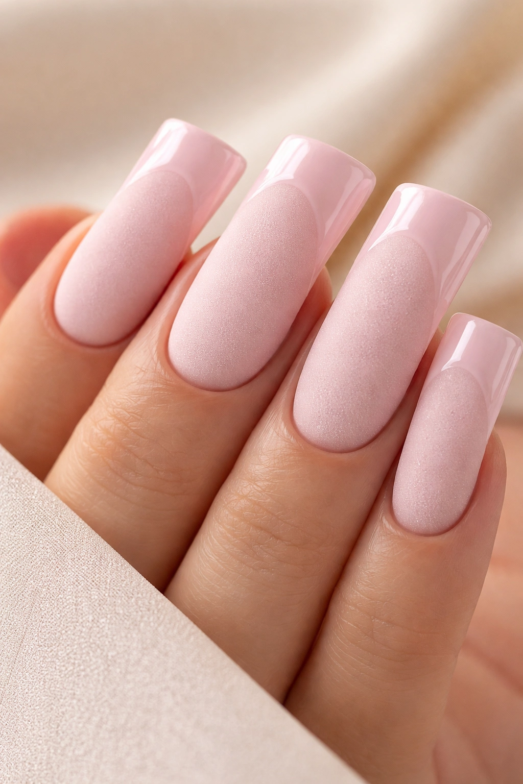 Nails with matte pink base and glossy tip highlight