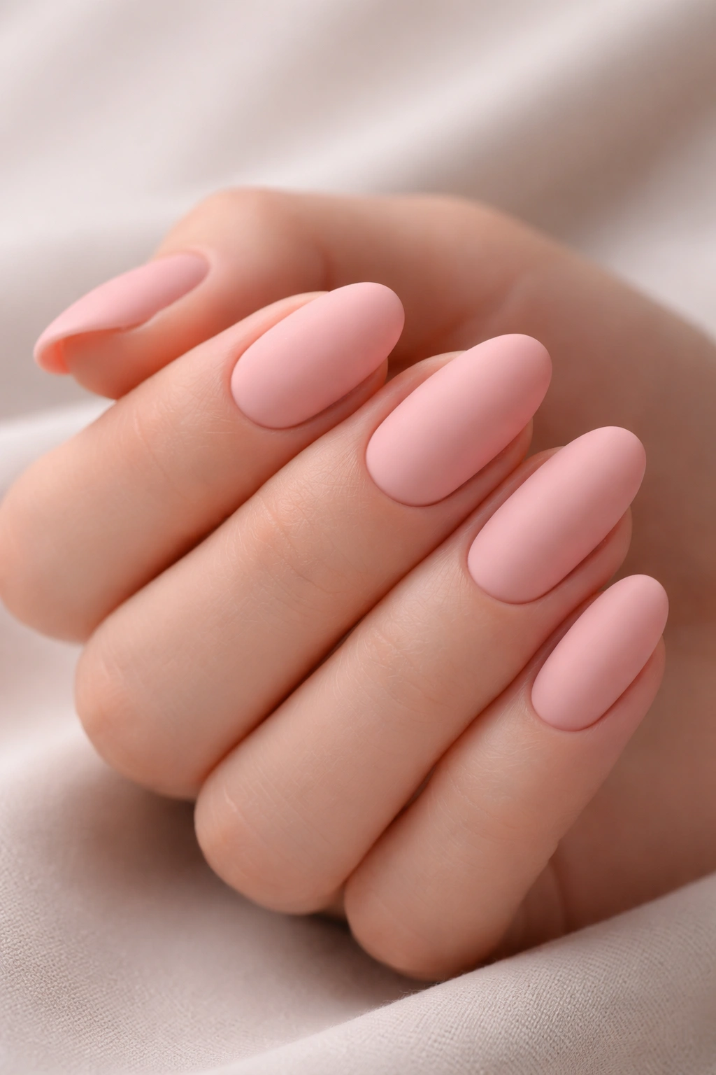 Close-up of matte pink nails with a velvety finish on a hand in soft studio lighting.