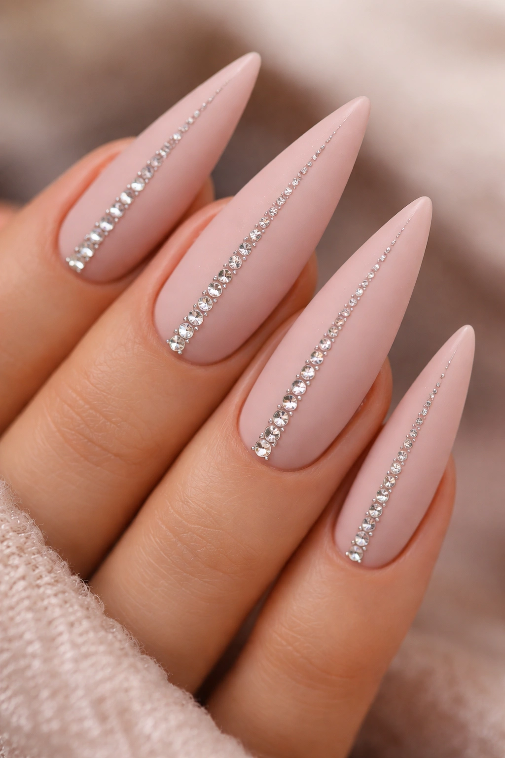 Matte blush pink stiletto nails with rhinestones along center line