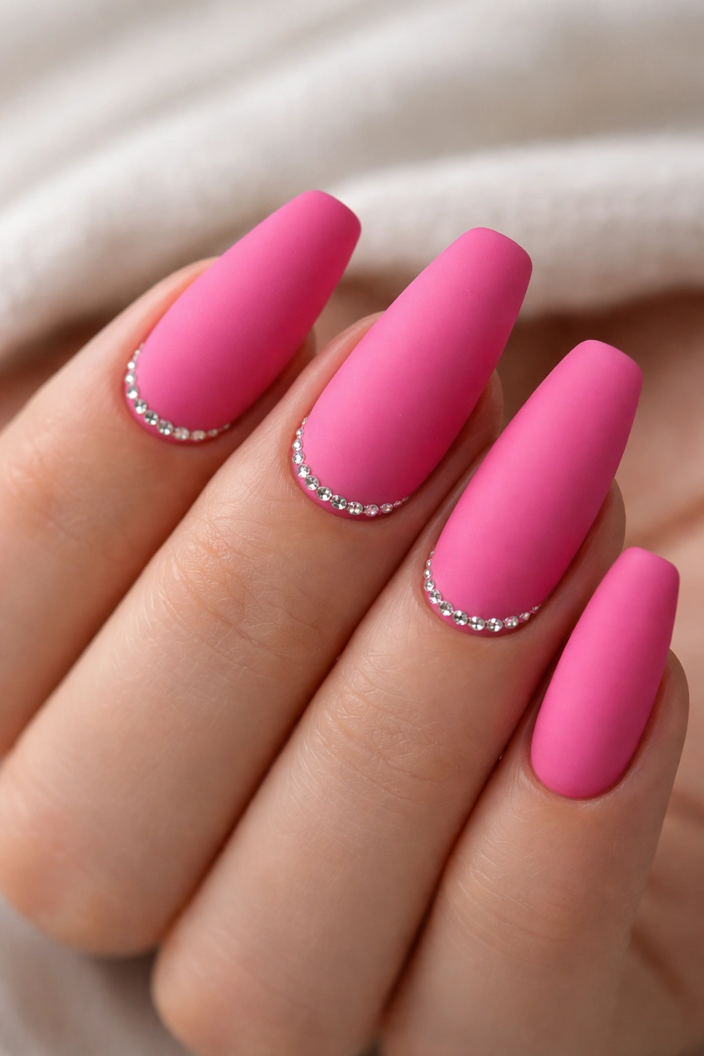 Matte pink nails with tiny rhinestones near the cuticle