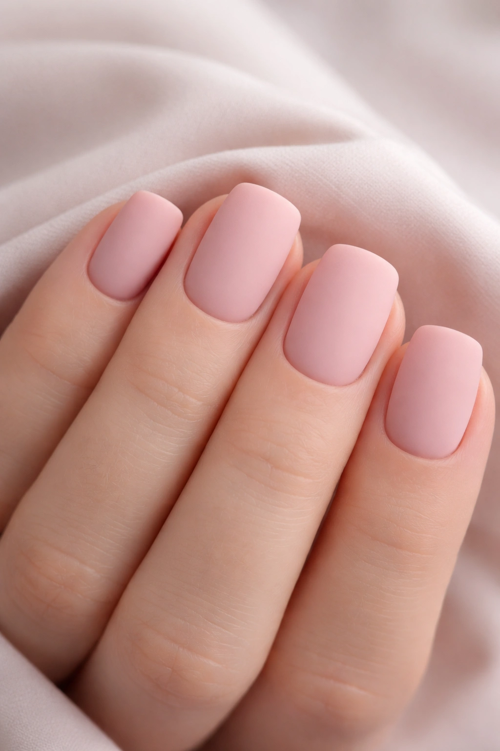 Close-up of matte soft pink nails on short square shape.