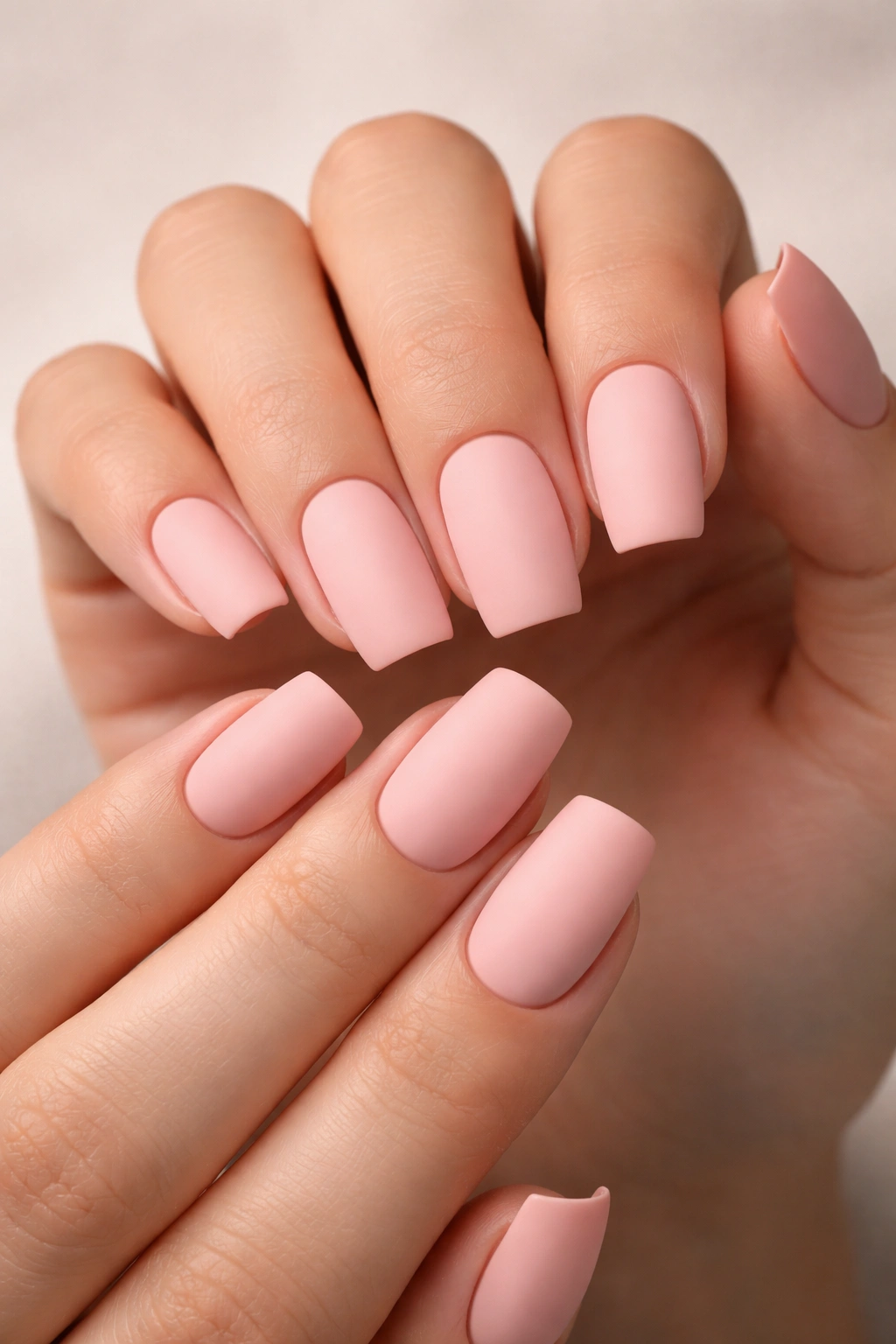Close-up of hands with matte pink square nails
