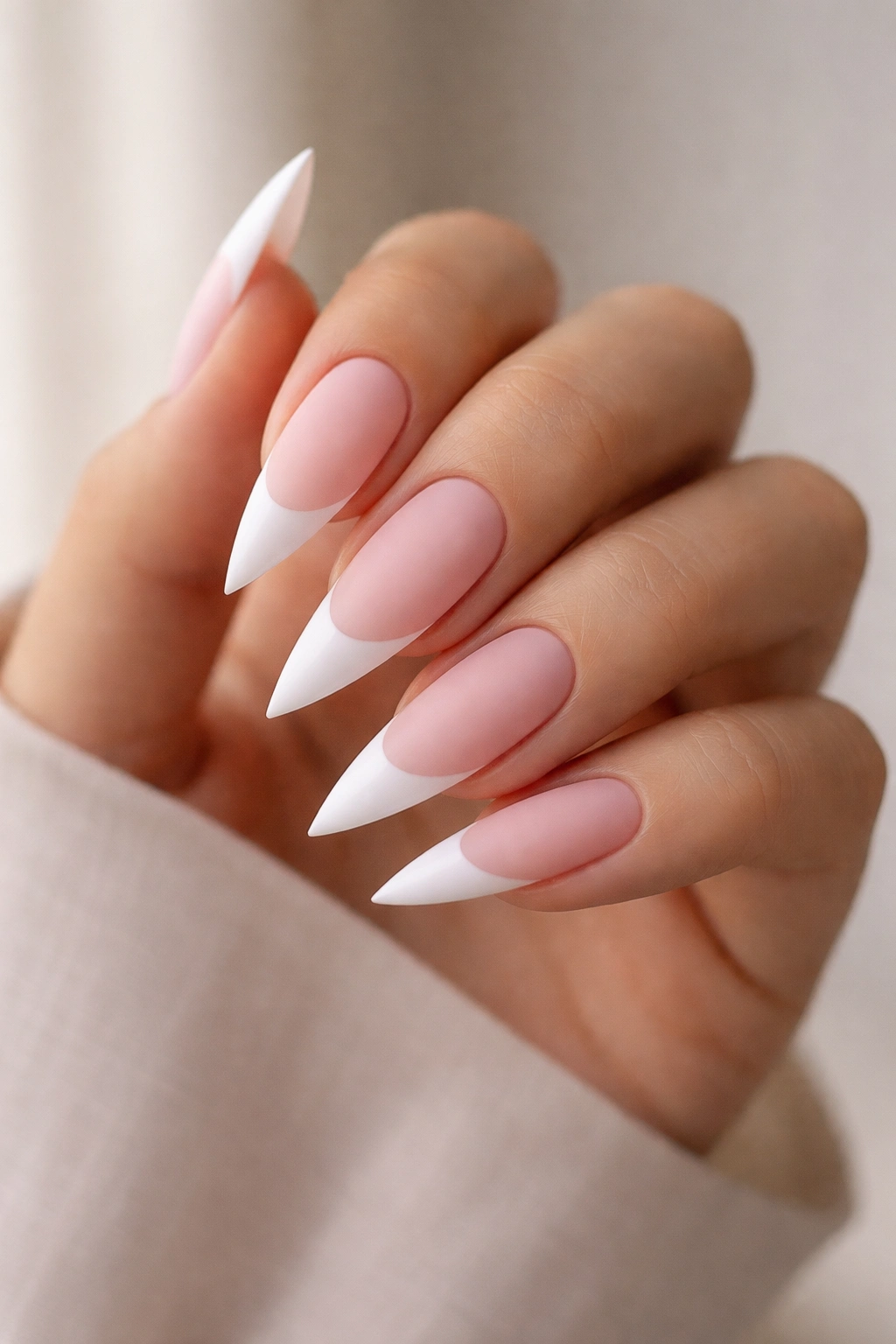 Close-up of stiletto nails with matte pink base and matte white French tips