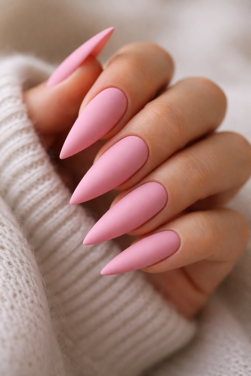 Matte pink stiletto nails with velvety finish.