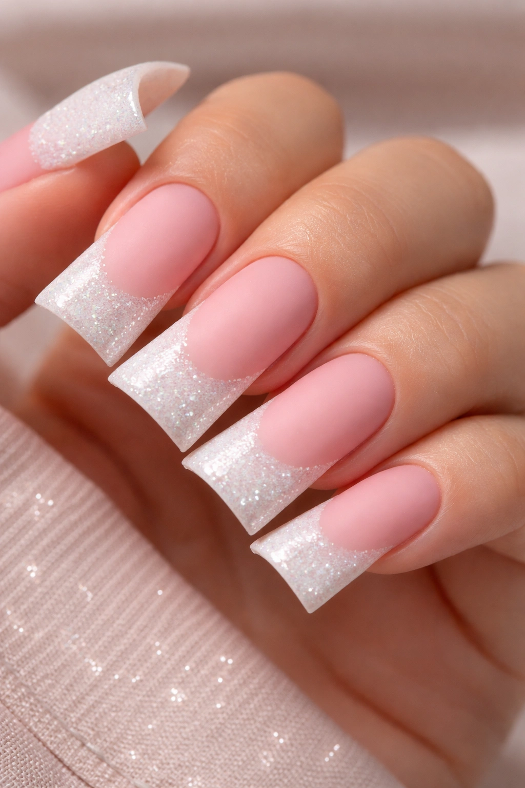 Close-up of duck nails with matte pink base and glittery white tips