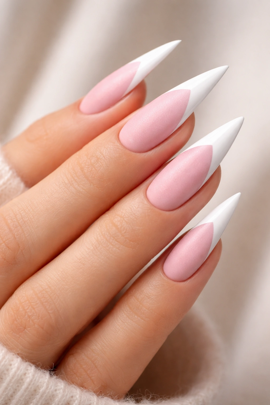 Close-up of matte pink stiletto nails with glossy white tips