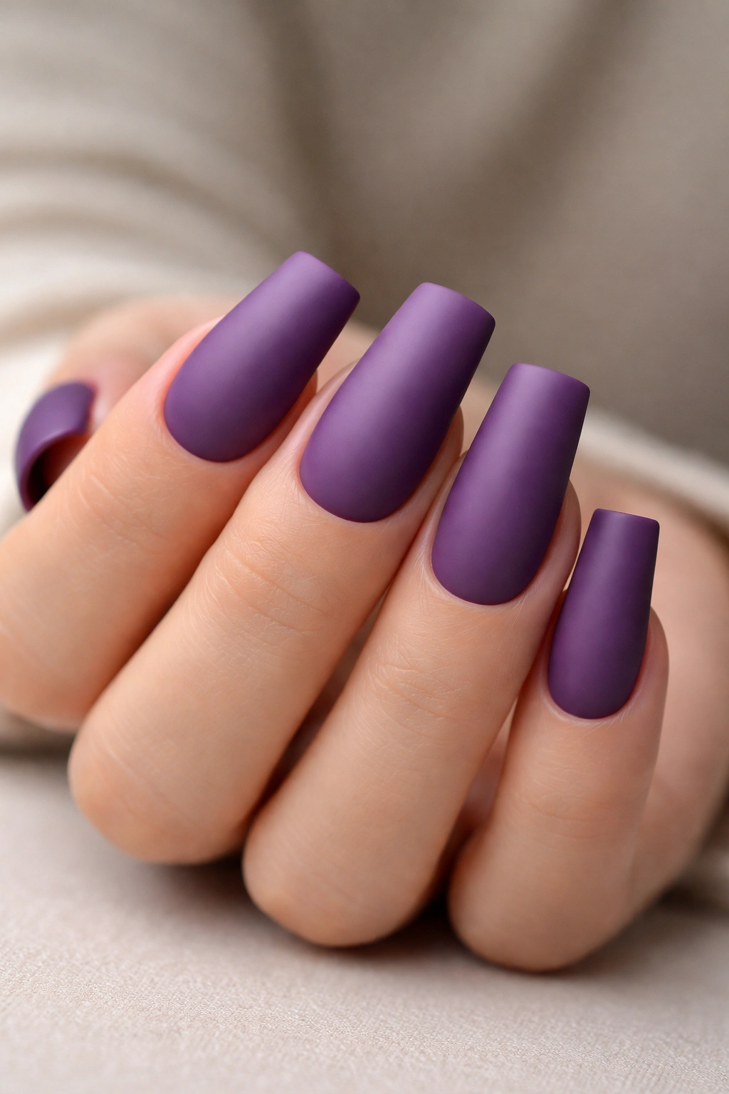 Close-up of matte purple duck nail on a finger