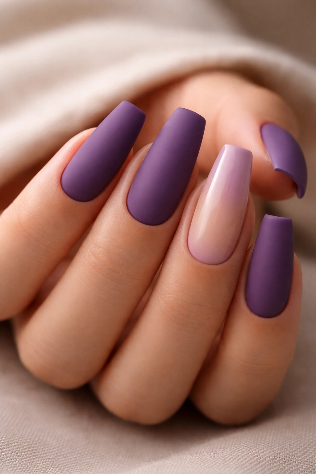 Close-up of matte purple nails with a nude-to-purple ombre accent nail on a hand