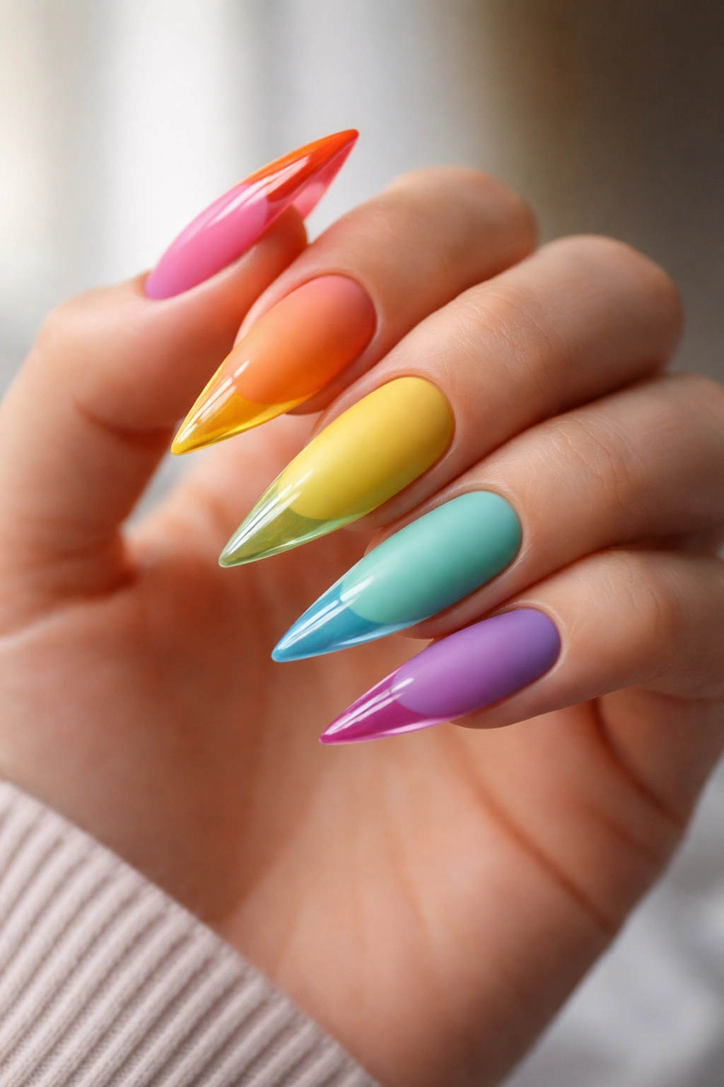 Stiletto nails with matte rainbow colors and glossy tip shine