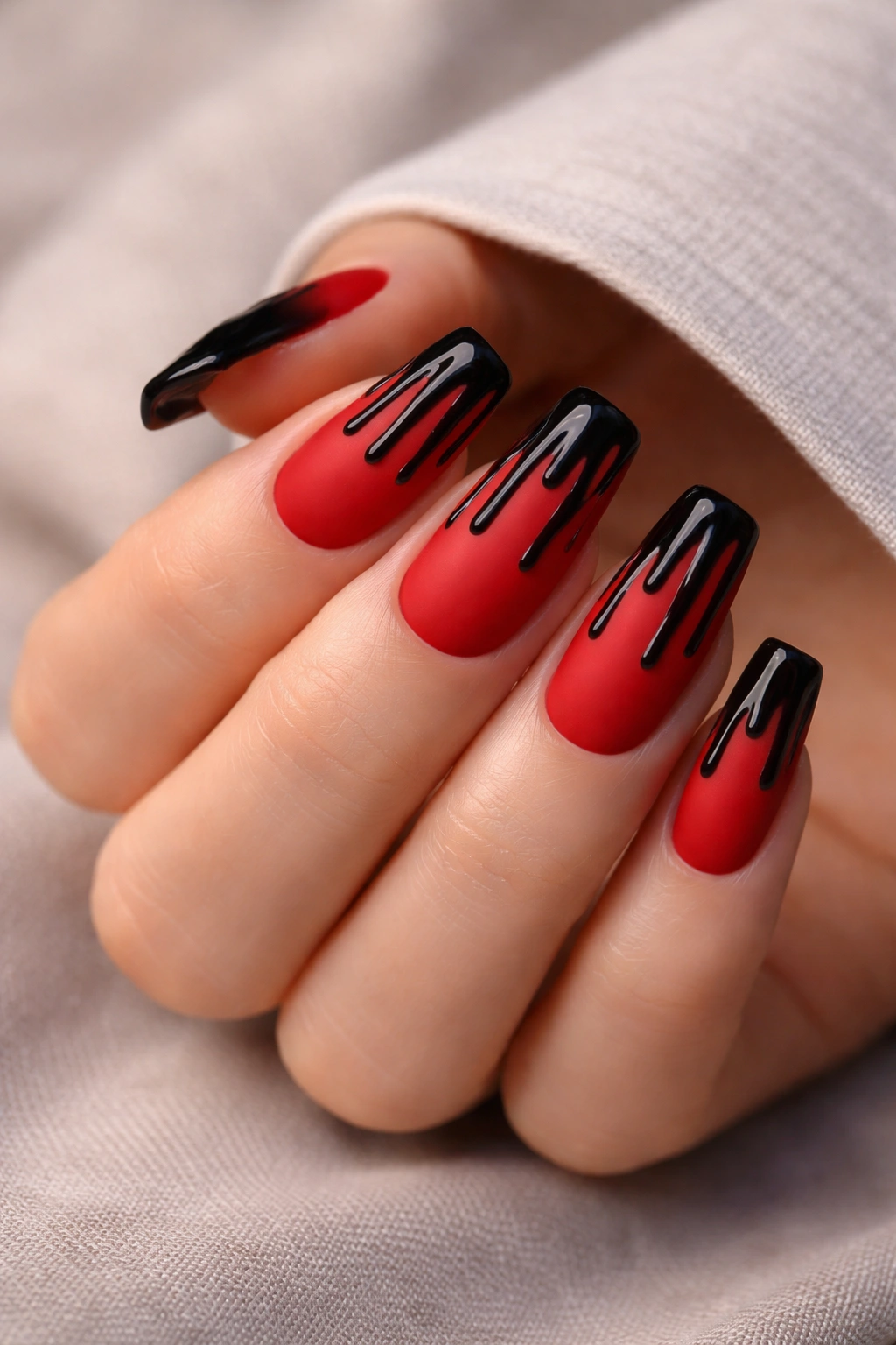 Matte red coffin nails with black drip pattern