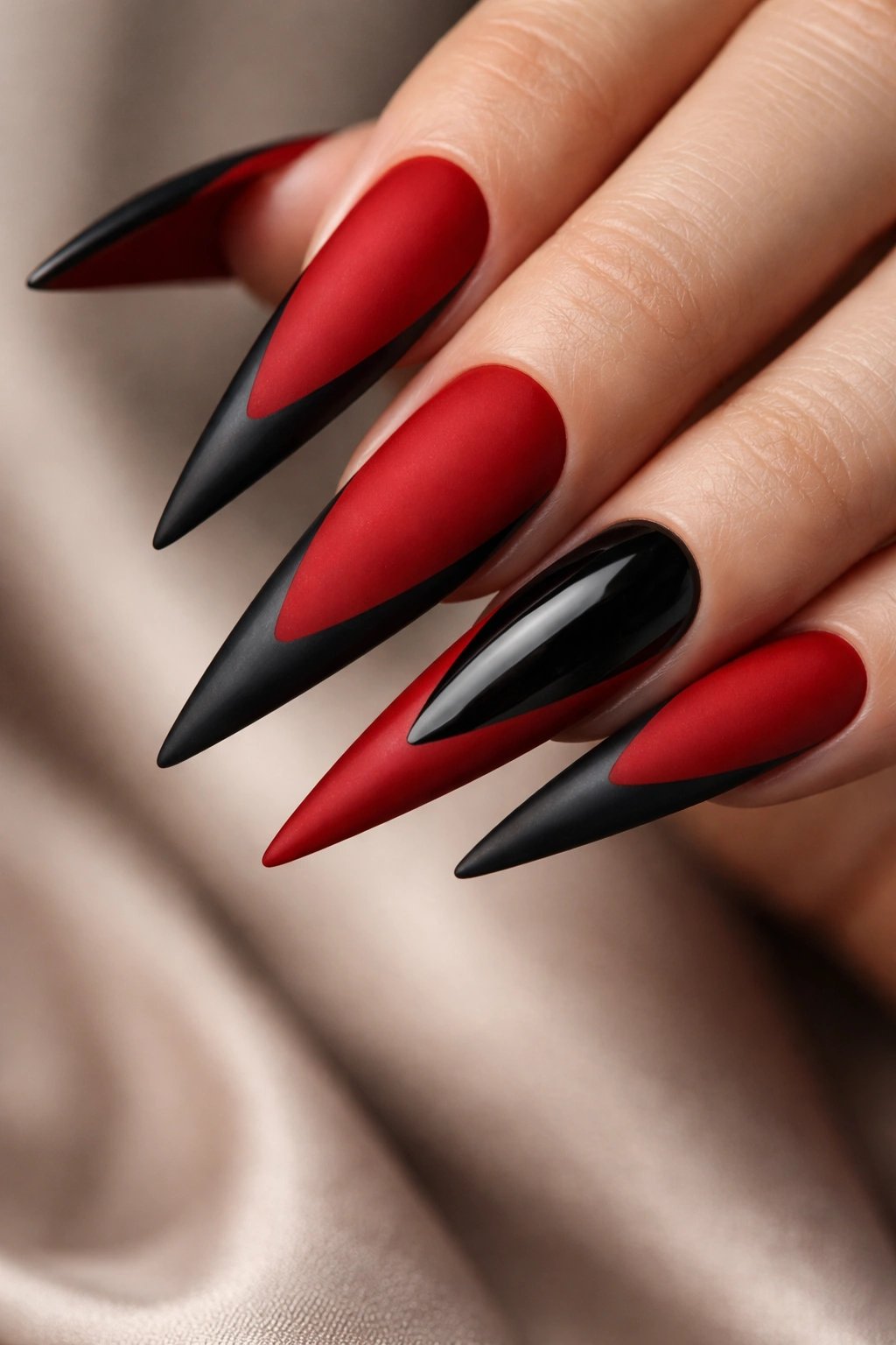 Matte red nails with black accents and glossy highlight.