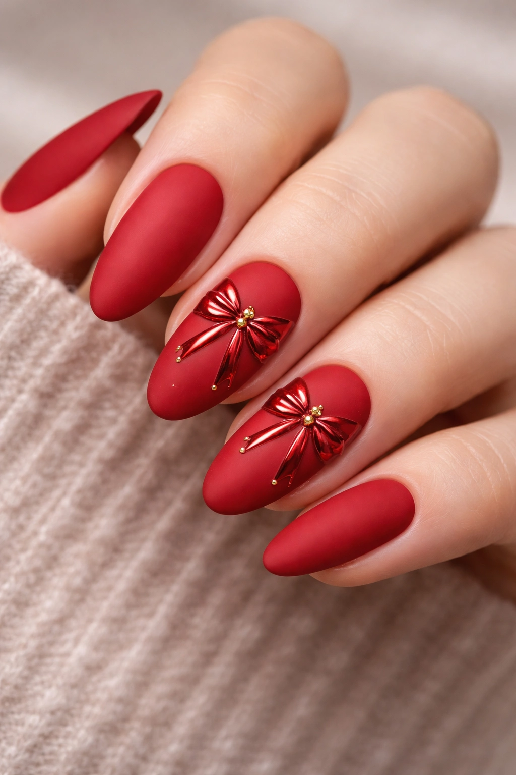 Close-up of matte red nails with glossy bow accents