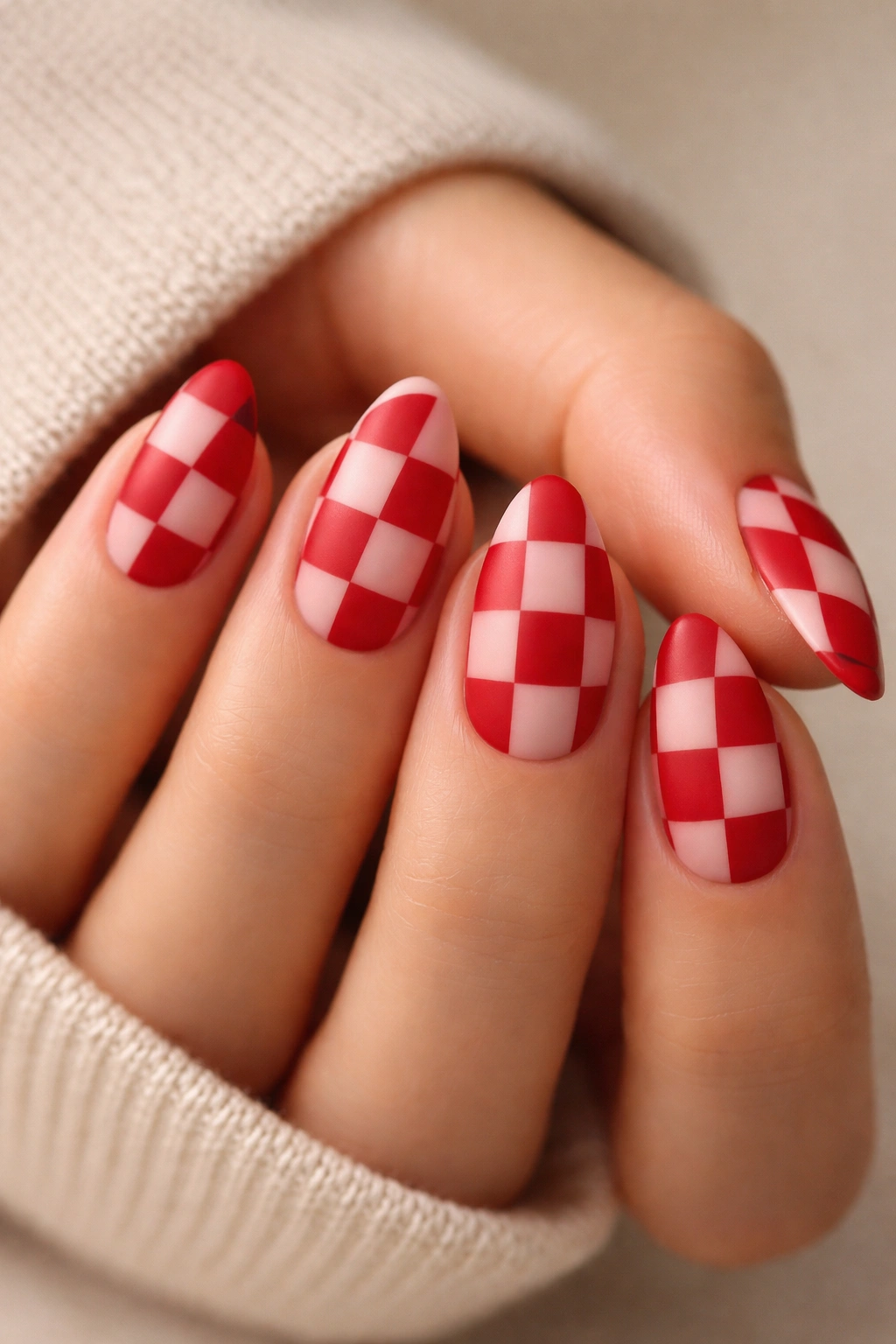 Close-up of short almond nails with matte red checker pattern and satin finish