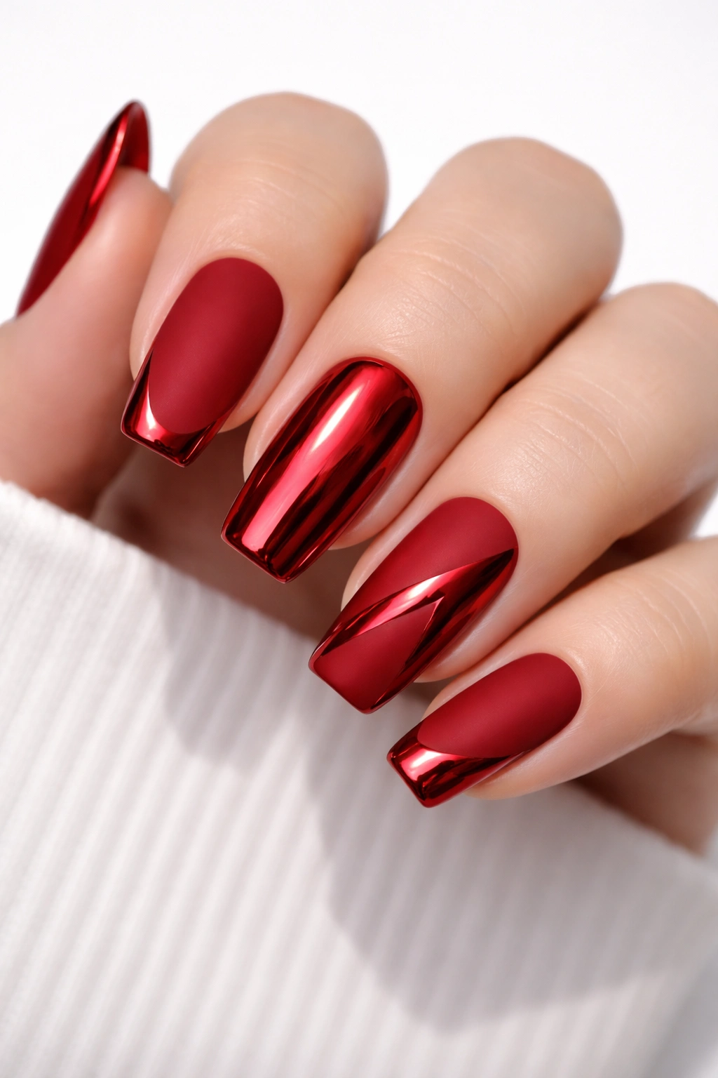 Matte red base nails with red chrome accents