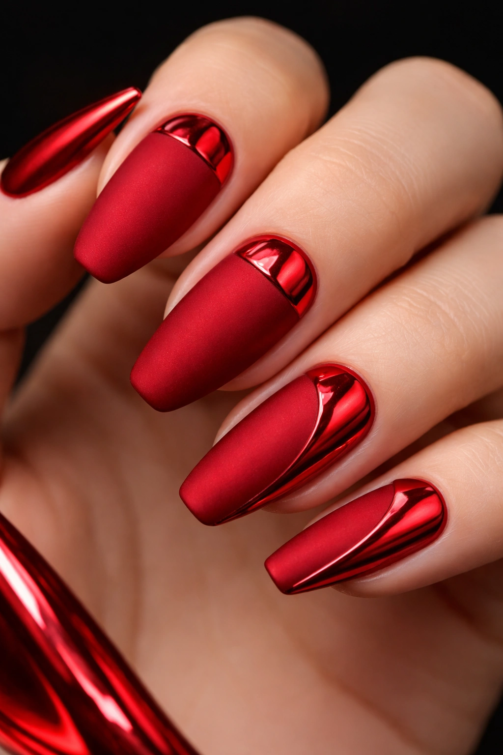 Matte red nails with red chrome accents