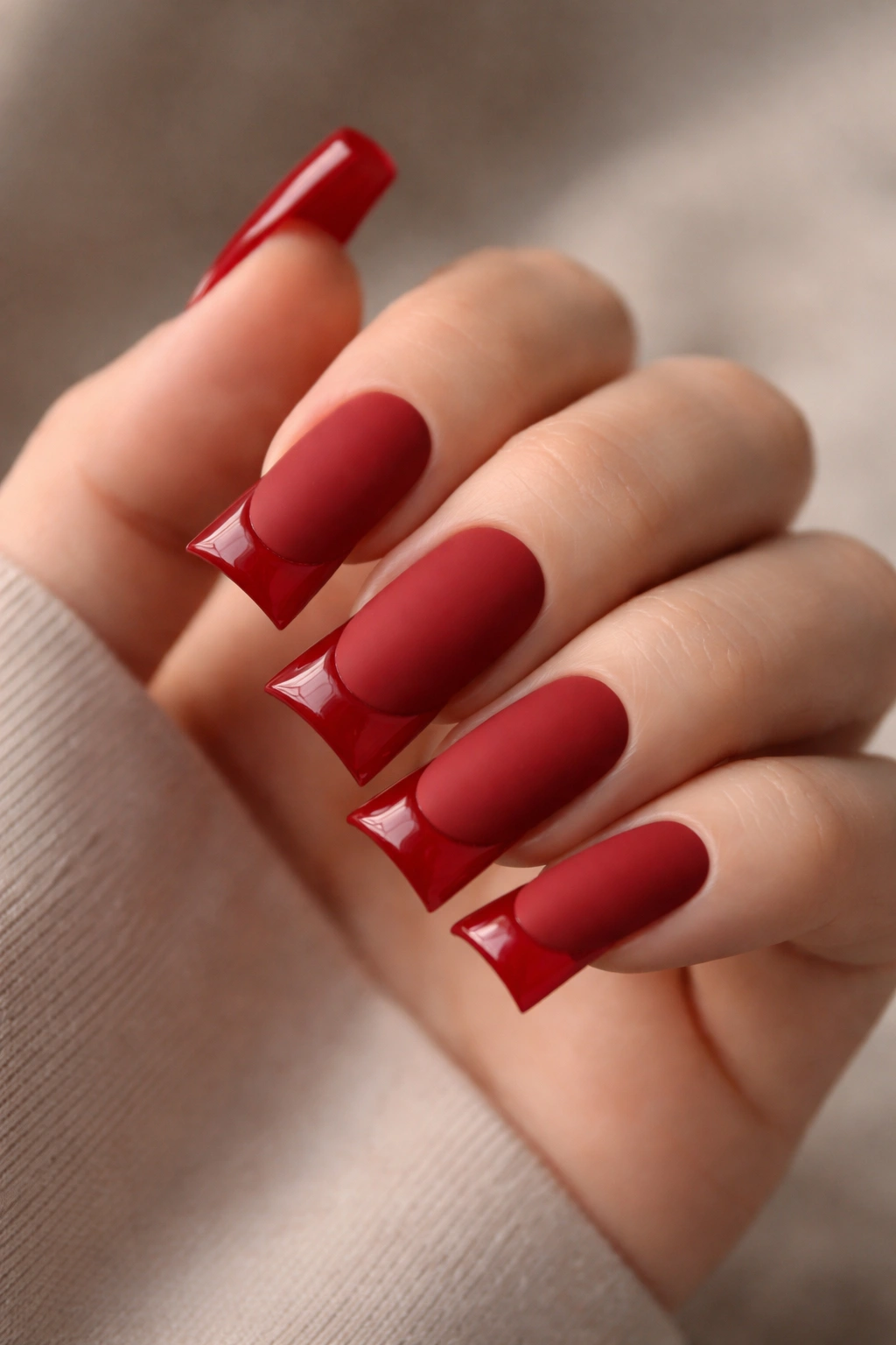 Close-up of duck nails with matte red base and glossy red tips