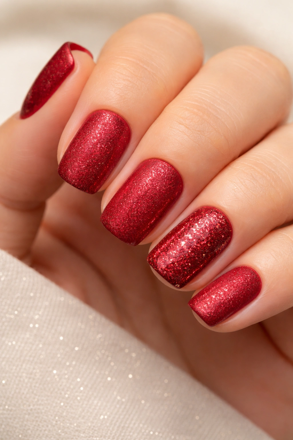 Matte red squoval nails with fine glitter for a textured manicure